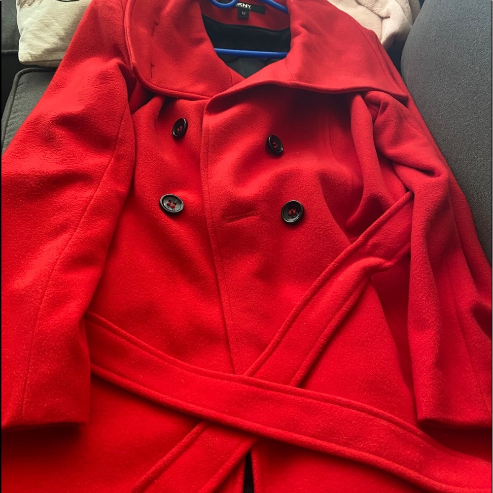 DKNY red pea coat